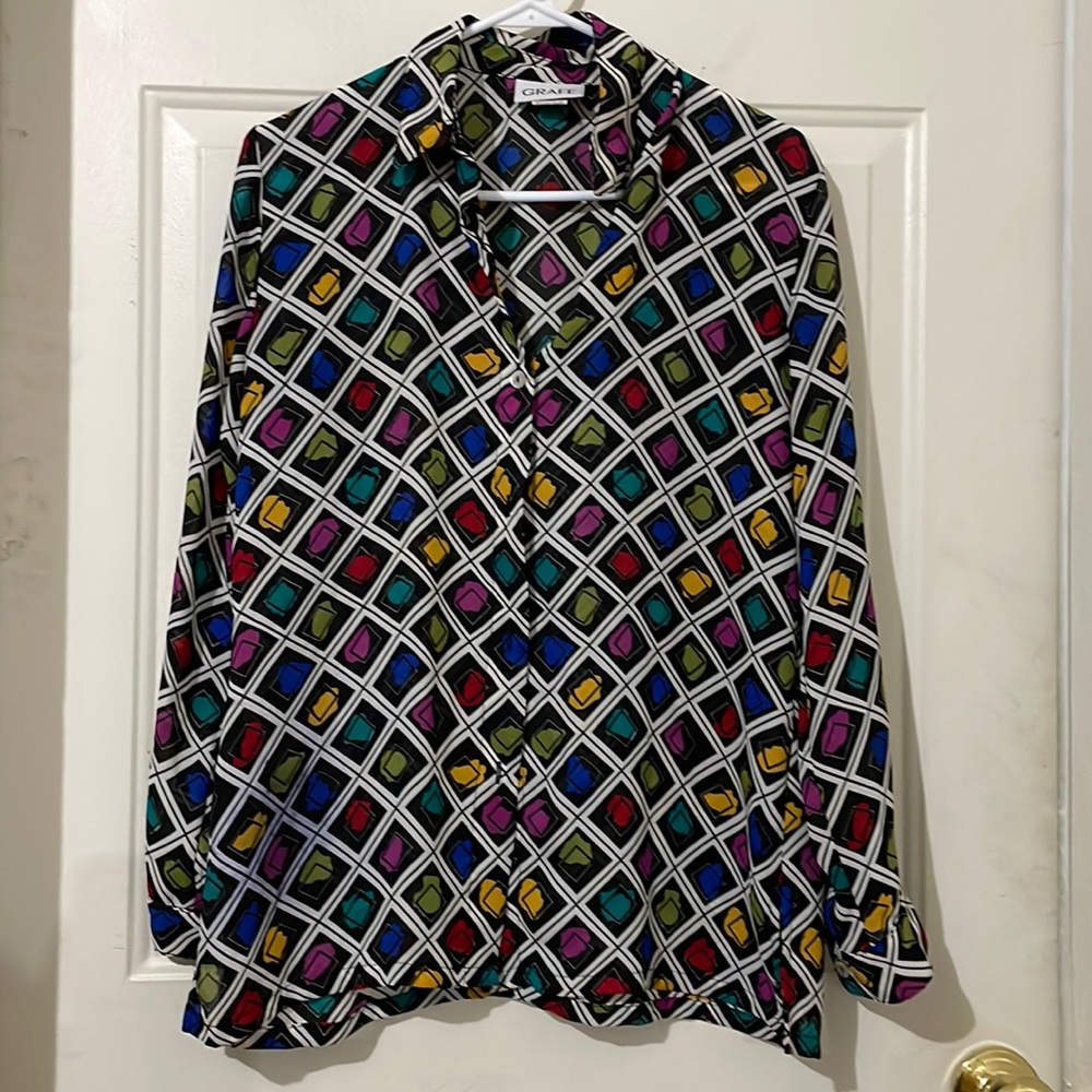 80s geometric print chiffon blouse. S